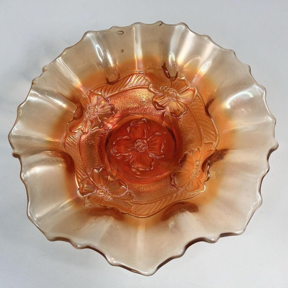 Vtg Dugan Apple Blossom Carnival Glass Ruffled Bowl Marigold 7" Satin Finish